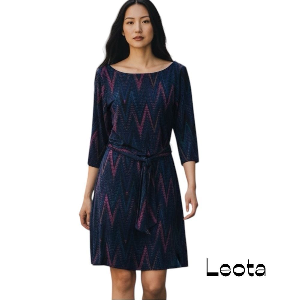 Leota Black Navy Purple Geometric Print Shift Dress NWT Size M Office Y2K